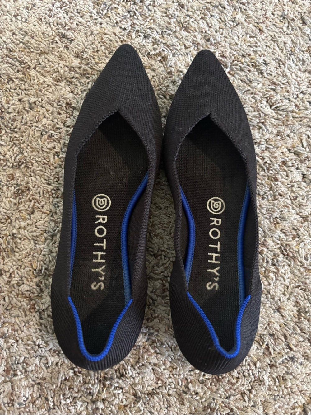 Rothy's Black Pointed-Toe Flats with Blue Trim